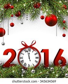 2016 New Year background with fir branches and clock. Vector illustration.