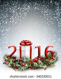 2016 New Year background with garland and gift. Vector illustration.