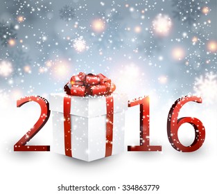 2016 New Year background with gift. Vector paper illustration.