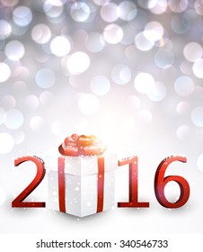 2016 New Year background with gift. Vector paper illustration.