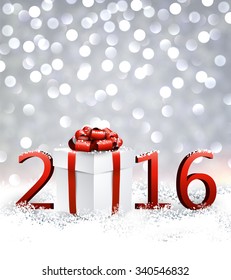 2016 New Year background with gift. Vector paper illustration.
