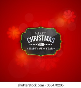 2016 New Year Badge, Announcement and Celebration Message, Bokeh Lights and Snowflakes fall Red Background