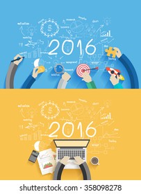 2016 new year business success working on laptop computer, Flat design concepts for drawing analysis and planning, consulting, team work, project management, brainstorming, research and development