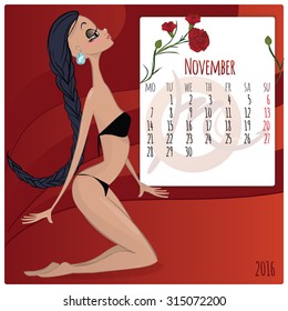 2016 new year. Calendar grid, the page for a month November. Astrological sign of the zodiac Scorpio. Horoscope a calendar.