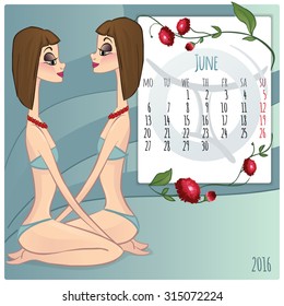 2016 new year. Calendar grid, the page for a month June. Astrological sign of the zodiac Gemini. Horoscope a calendar.