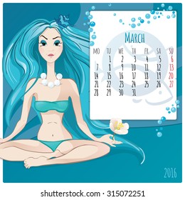 2016 new year. Calendar grid, the page for a month March. Astrological sign of the zodiac Pisces. Horoscope a calendar.