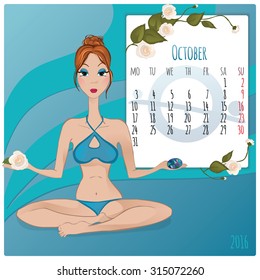 2016 new year. Calendar grid, the page for a month  October. Astrological sign of the zodiac Libra. Horoscope a calendar.