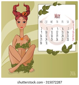 2016 new year. Calendar grid, the page for a month May. Astrological sign of the zodiac Taurus. Horoscope a calendar.