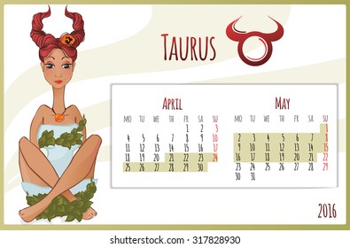 2016 new year. Calendar grid, the page for a month May. Astrological sign of the zodiac Taurus. Horoscope a calendar  marked with dates.