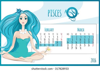 2016 new year. Calendar grid, the page for a month March. Astrological sign of the zodiac Pisces. Horoscope a calendar  marked with dates.