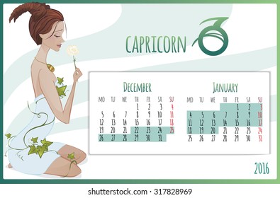 2016 new year. Calendar grid, the page for a month January. Astrological sign of the zodiac Capricorn. Horoscope a calendar  marked with dates.