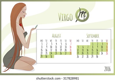 2016 new year. Calendar grid, the page for a month September. Astrological sign of the zodiac Virgo. Horoscope a calendar  marked with dates.