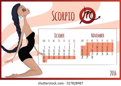 2016 new year. Calendar grid, the page for a month November. Astrological sign of the zodiac Scorpio. Horoscope a calendar  marked with dates.