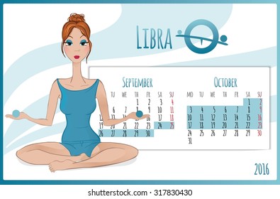2016 new year. Calendar grid, the page for a month October. Astrological sign of the zodiac Libra. Horoscope a calendar  marked with dates.