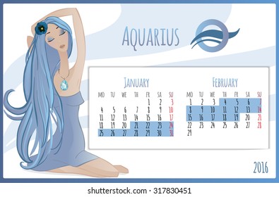 2016 new year. Calendar grid, the page for a month February. Astrological sign of the zodiac Aquarius. Horoscope a calendar.