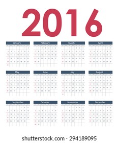 2016 New Year Calendar Vector Illustration EPS10