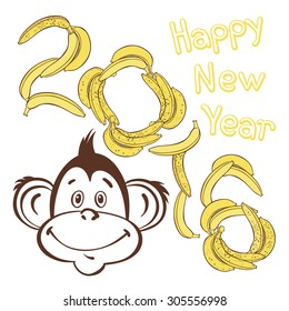 2016 new year card with cheerful  monkey. Vector illustration.Symbol of the New Year 2016 
