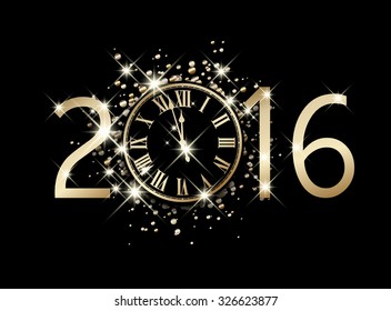 2016 New Year card with clock. Vector paper illustration.