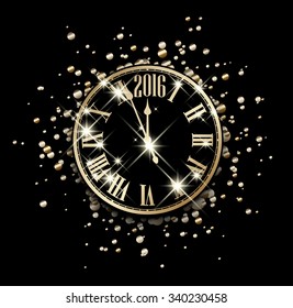 2016 New Year card with clock. Vector paper illustration.