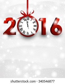 2016 New Year card with clock. Vector paper illustration.