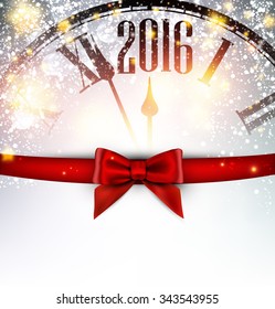 Tarjeta de Año Nuevo 2016 con reloj y arco. Ilustración vectorial.