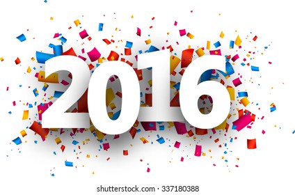 2016 new year card with colour confetti. Vector paper illustration.