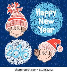2016 new year card with cute  monkeys. Vector illustration.Symbol of the New Year 2016
