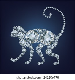 2016 new year card with monkey made up a lot of diamonds on the black background 