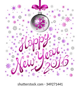 2016 New Year card with silver balls. Vector Illustration. pink snow flake art
