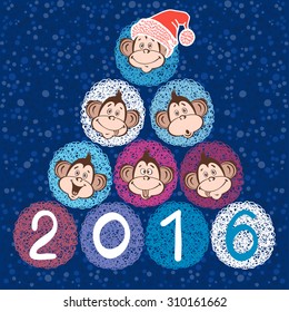2016 new year card with stylized New Year tree of cute  monkeys. Vector illustration.Symbol of the New Year 2016