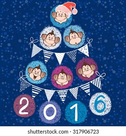 2016 new year card with stylized New Year tree of cute  monkeys. Vector illustration.Symbol of the New Year 2016