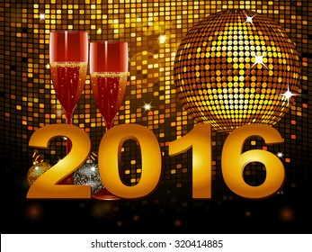 2016 New Year Celebration Background with Champagne Glasses and Disco Ball