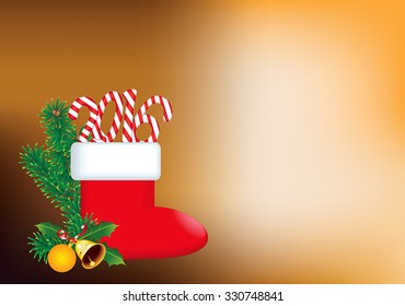 2016 New Year and Christmas decoration with Christmas sock  and candy canes in form of digits. With copy space. Great for greeting cards.