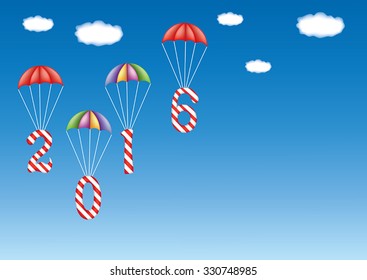 2016 New Year and Christmas decoration with candy canes in form of digits, descending by parachutes. With copy space. Great for greeting cards.