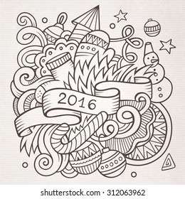 2016 New year doodles elements background. Vector sketchy illustration