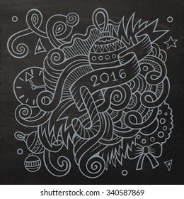 2016 New year doodles elements background. Vector chalkboard illustration