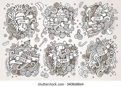 2016 New year doodles hand drawn designs set. Vector vintage illustration