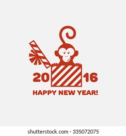 2016 New Year funny card with monkey and present. Vector illustration.