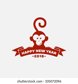 2016 New Year funny card with monkey and ribbon. Vector illustration.