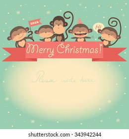 2016 New Year funny card with monkey and ribbon. Vector illustration.