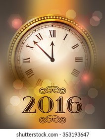 2016 New Year gold background with clock. Vector paper illustration.
