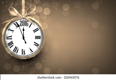 2016 New year golden background with vintage clock. Vector illustration with place for text. 