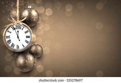 2016 New year golden background with christmas balls and vintage clock. Vector illustration with place for text. 


