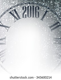 2016 New Year gray background with clock. Vector illustration.