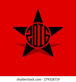 2016 New Year greeting card with star on red background. Vector illustration.