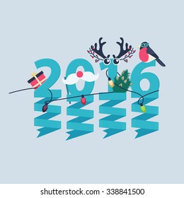 2016 New Year greeting card design with party streamers hanging from blue numerals decorated with Christmas lights, a gift, robin, tree and antlers