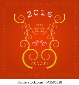 2016 New Year greeting card, decorative style golden elk muzzle on the red background.