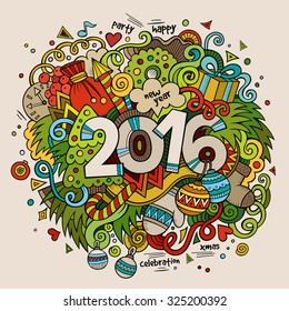 2016 New year hand lettering and doodles elements background. Vector colorful illustration