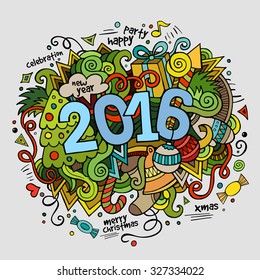 2016 New year hand lettering and doodles elements background. Vector colorful illustration