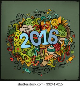 2016 New year hand lettering and doodles elements background. Vector colorful illustration